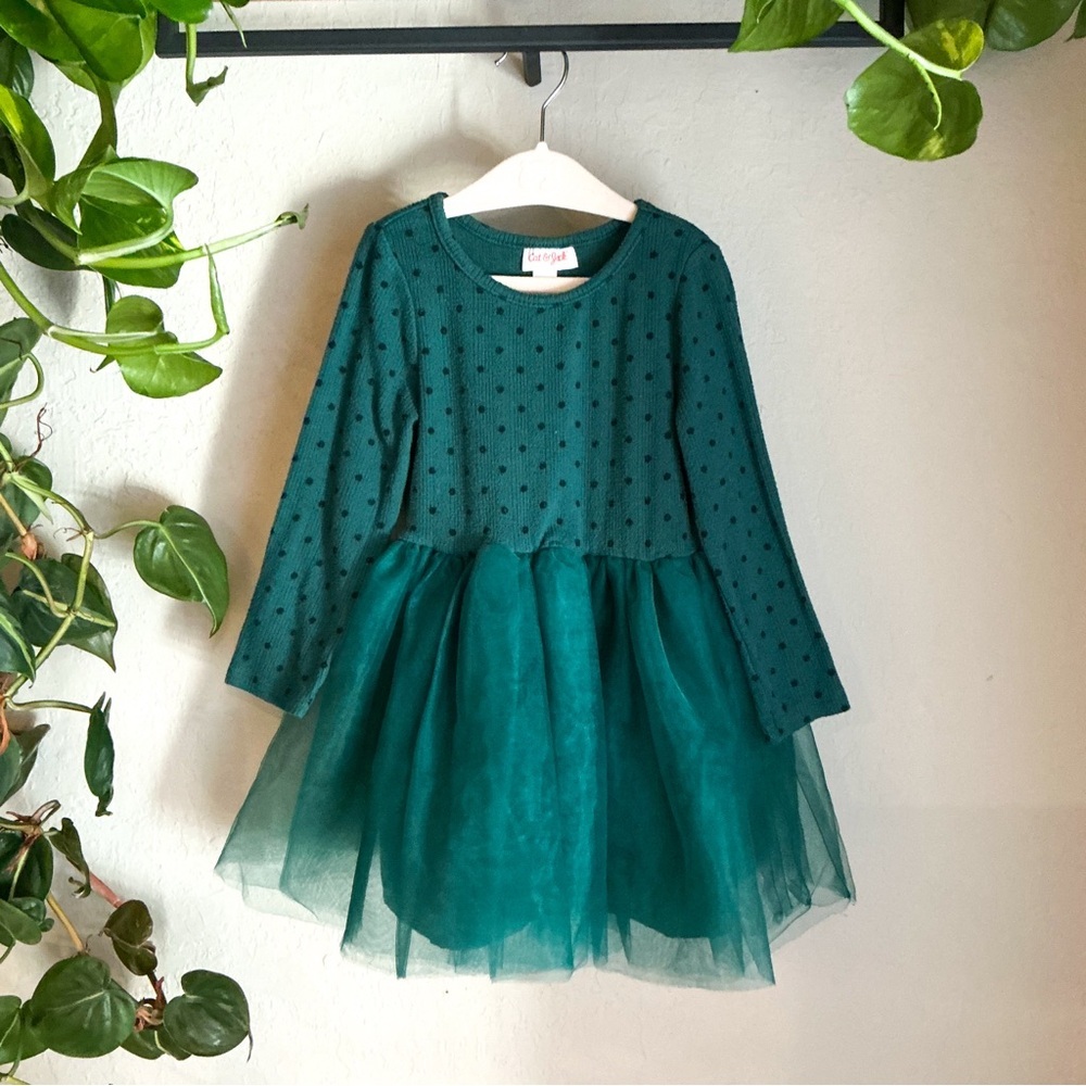 KIDS: Cat & Jack Green Long Sleeve Knit Tulle Dress - Picture 2 of 7